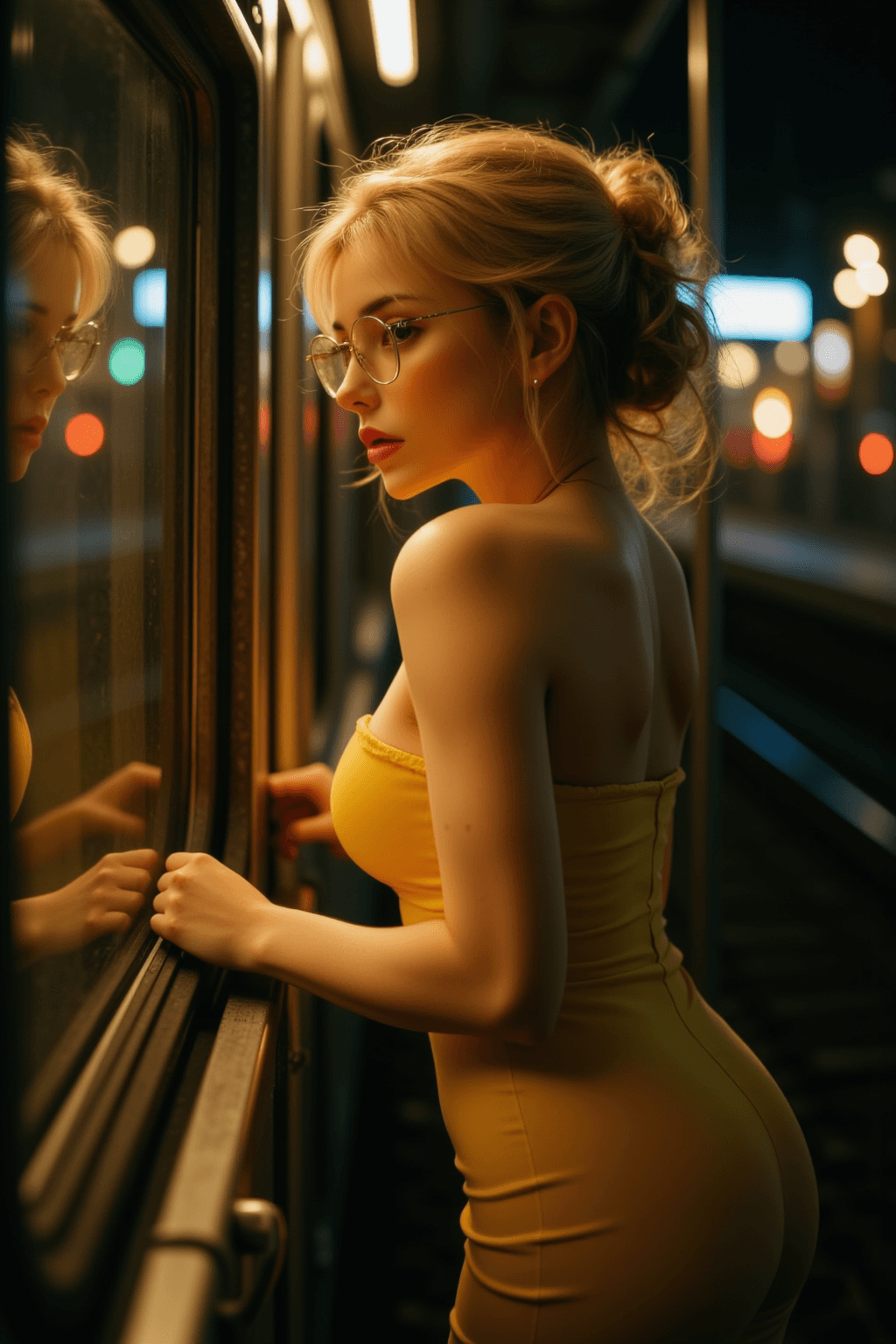 AI generated: This striking, atmospheric photograph captures a young korean woman in a moment of contemplation, se...