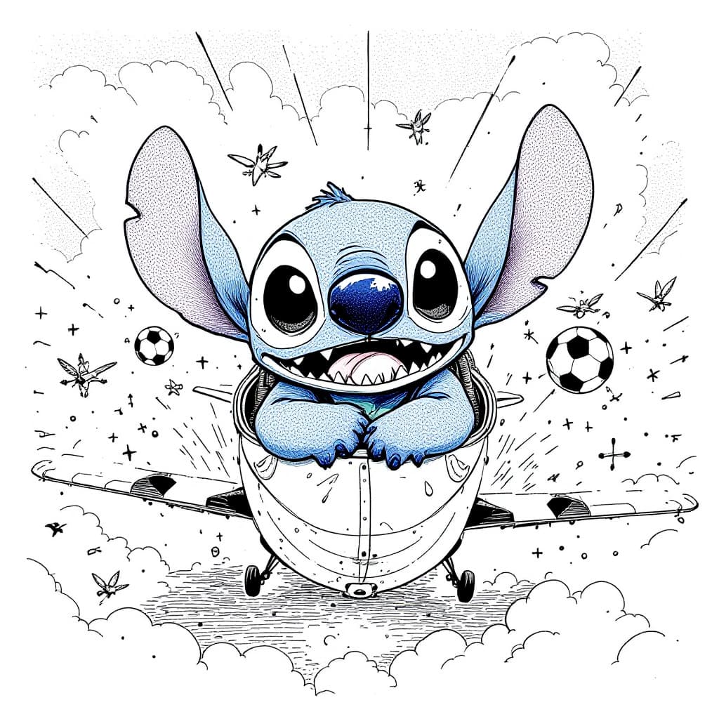 AI generated: Stitch,The action is hilarious,Pen and ink drawings,Fly a plane