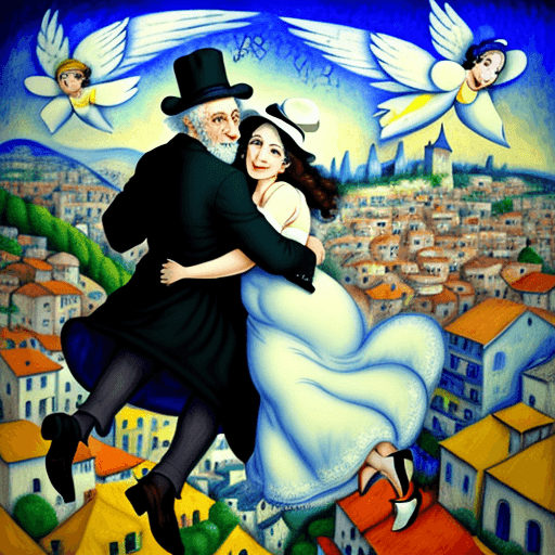 AI generated: An imaginative old Jewish man with a black hat and his Jewish wife in white dress hug and fly over t...