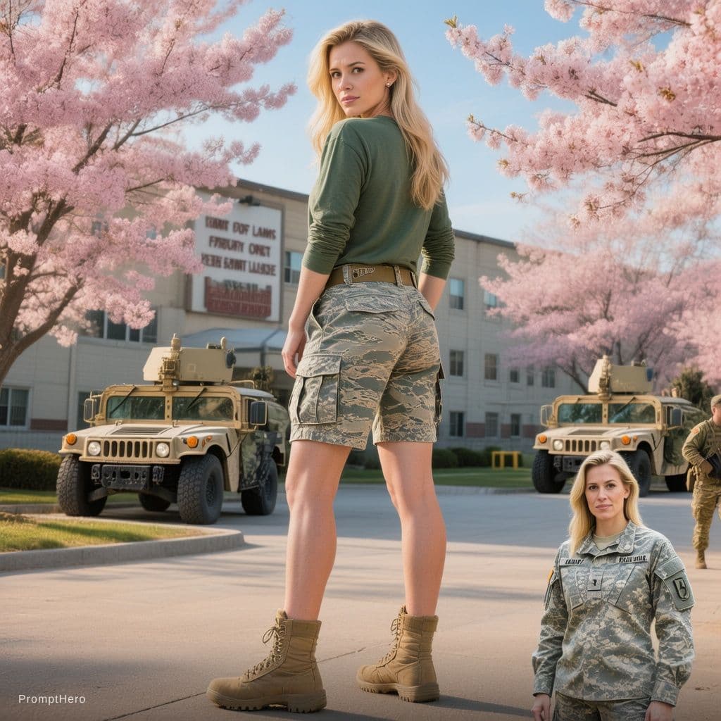 AI generated: A detailed, full-body outdoor photograph captures the blonde woman from the original image in the id...