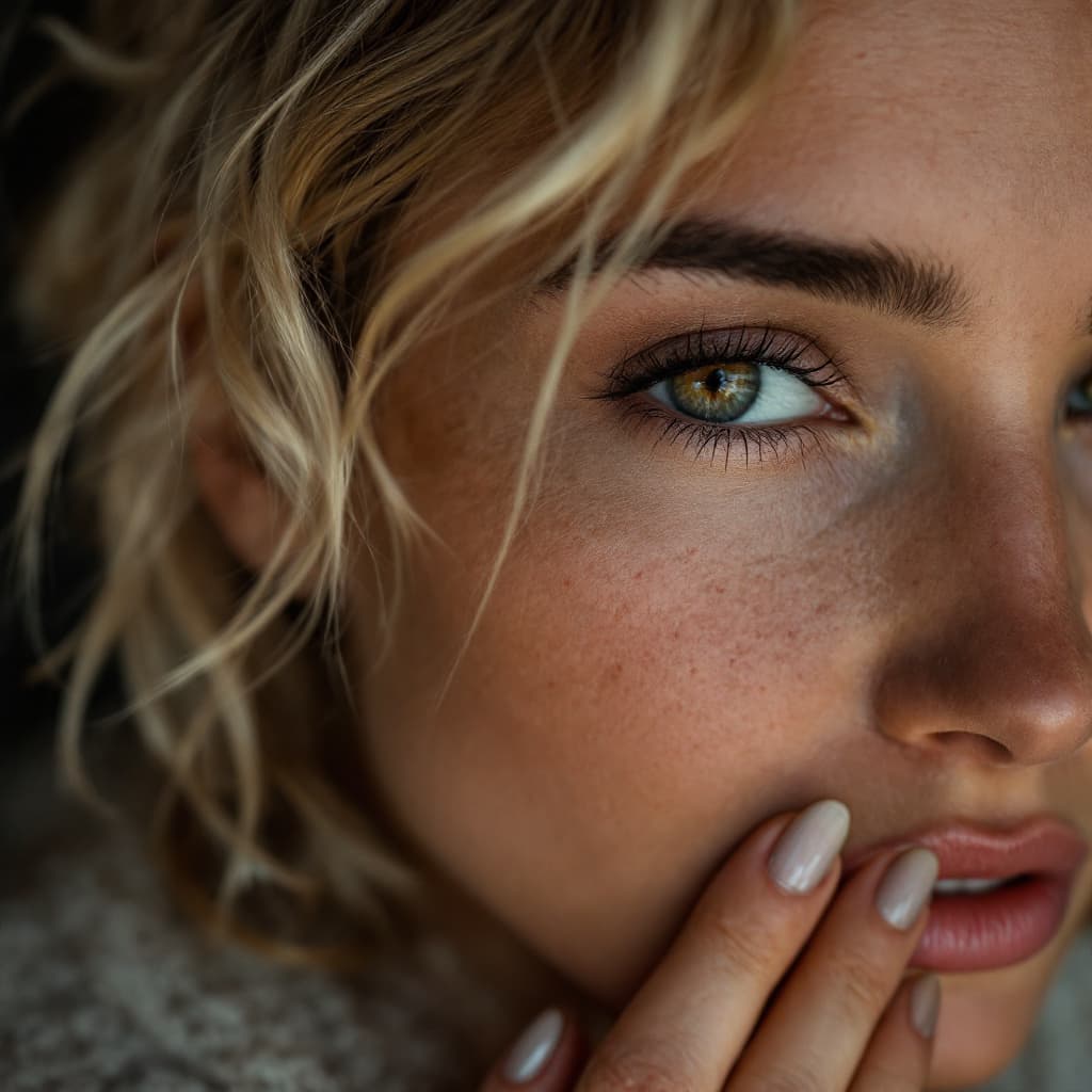 AI generated: Close-up portrait of a woman from Greece, no makeup just natural, short ash blonde hair, thick and n...