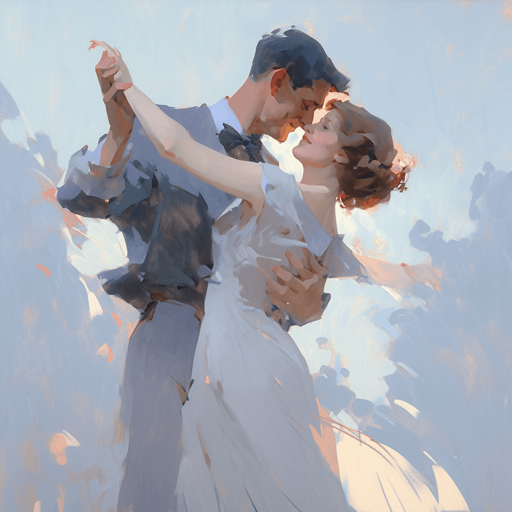 AI generated: A blissful couple, dancing with joy, in the style of Arthur Streeton, a romantic palette, with soft ...