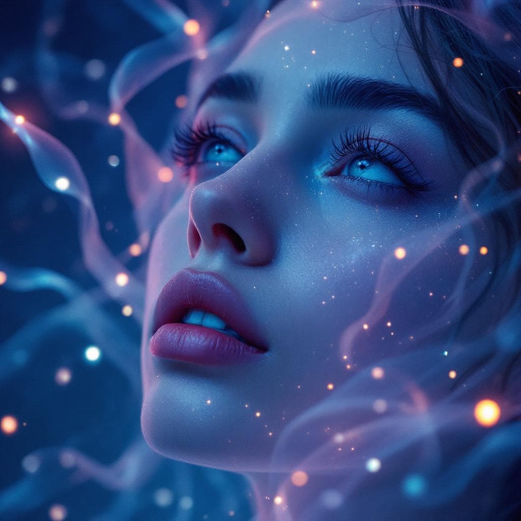 AI generated: Close-up of a serene, expressive face with dreamy eyes looking into the distance, surrounded by glow...
