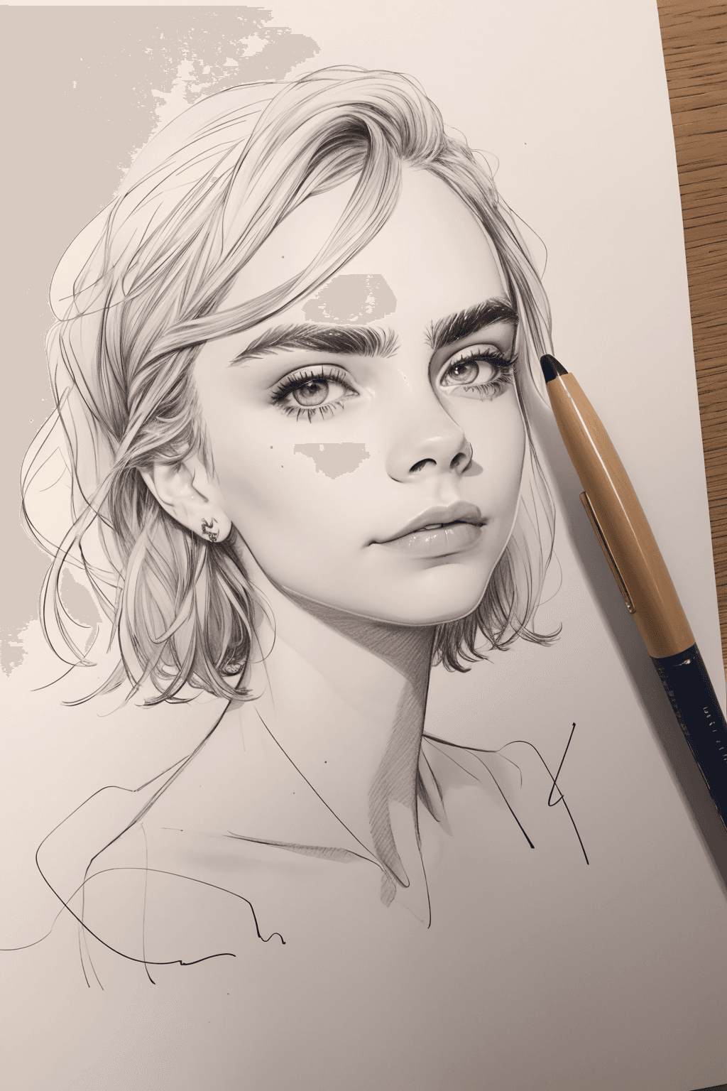 AI generated: Cara Delevingne, ((amateur) scribble sketch), (smudges) on paper, (faded lines)