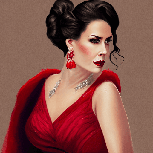 AI generated: A woman with dark hair in an elegant updo, wearing a red deep V-neck gown, bold red lipstick, and da...