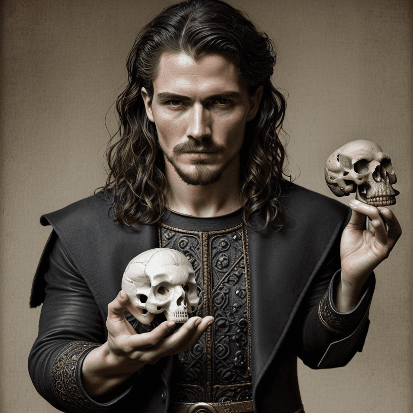 AI generated: To be or not to be, Hamlet holding an anatomically correct human skull of Yorick in the palm of his ...