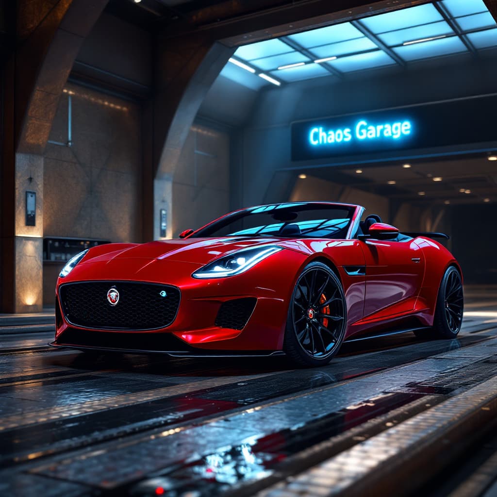 AI generated: General outline of a latest model 2024 jaguar ftype convertible in futuristic style candy apple red,...