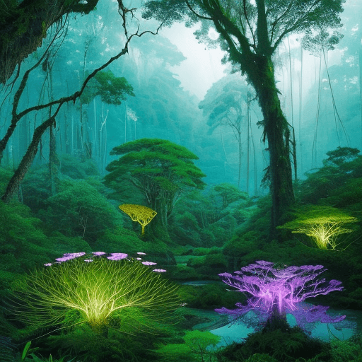 AI generated: Expansive landscape where diverse biomes blend. Majestic forests with towering ancient trees and eme...