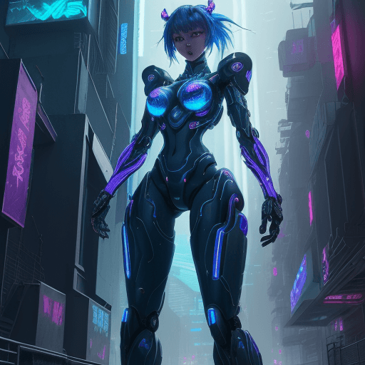 AI generated: A cyberpunk anime illustration of a beautiful robot shewarrior in a futuristic city street, neon lig...