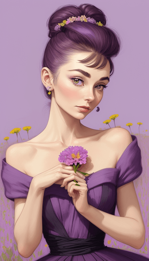 AI generated: A picture of a beautiful woman holding a vibrant flower, inspired by Audrey Hepburn, piercing eyes d...