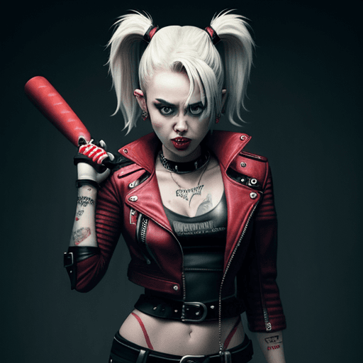 AI generated: visualize miley cyrus as harley quinn, fierce in red and black. a torn leather jacket, ripped fishne...