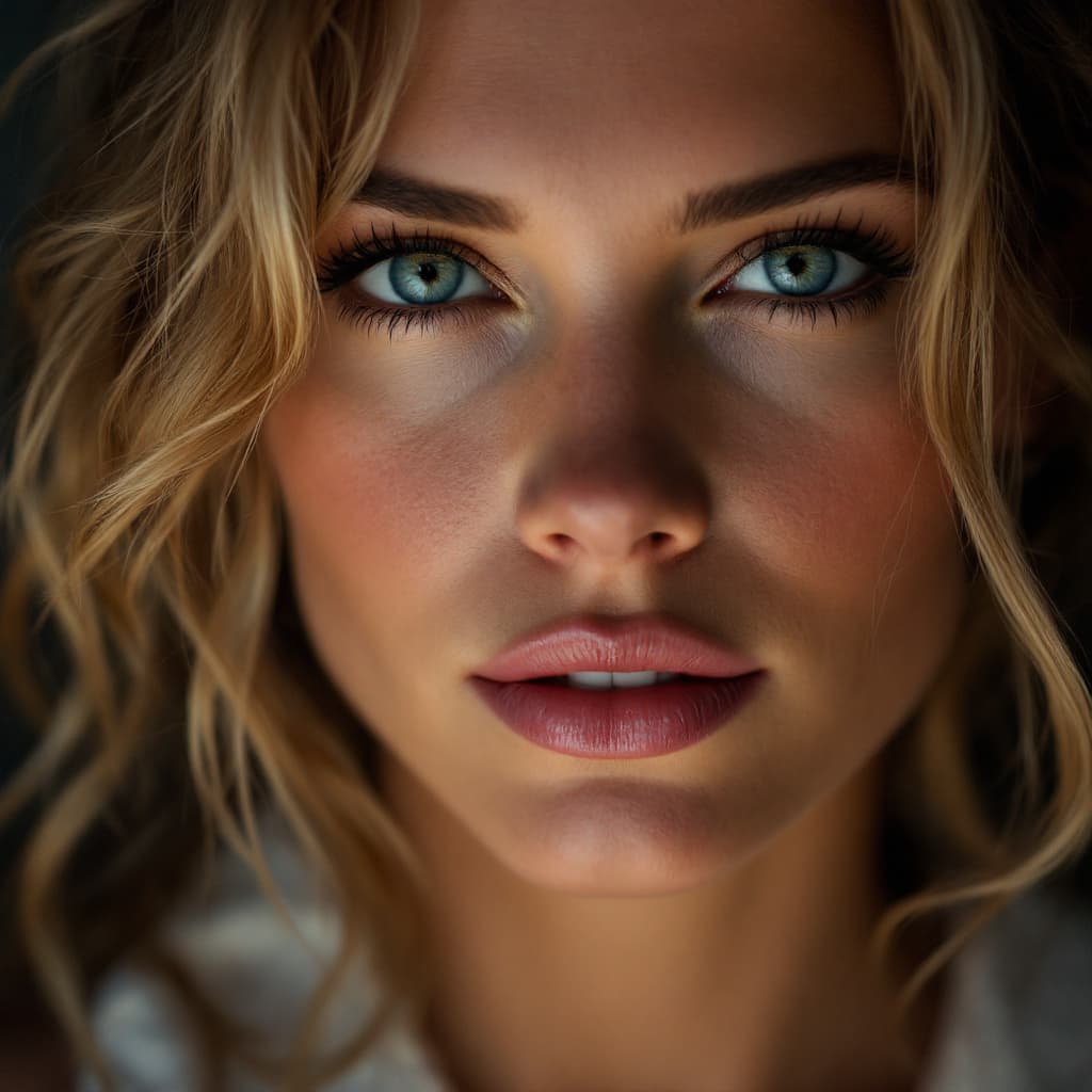 AI generated: Very close-up front portrait of a scarlett johansen, dark background, lights effect --ar 2:3 --quali...