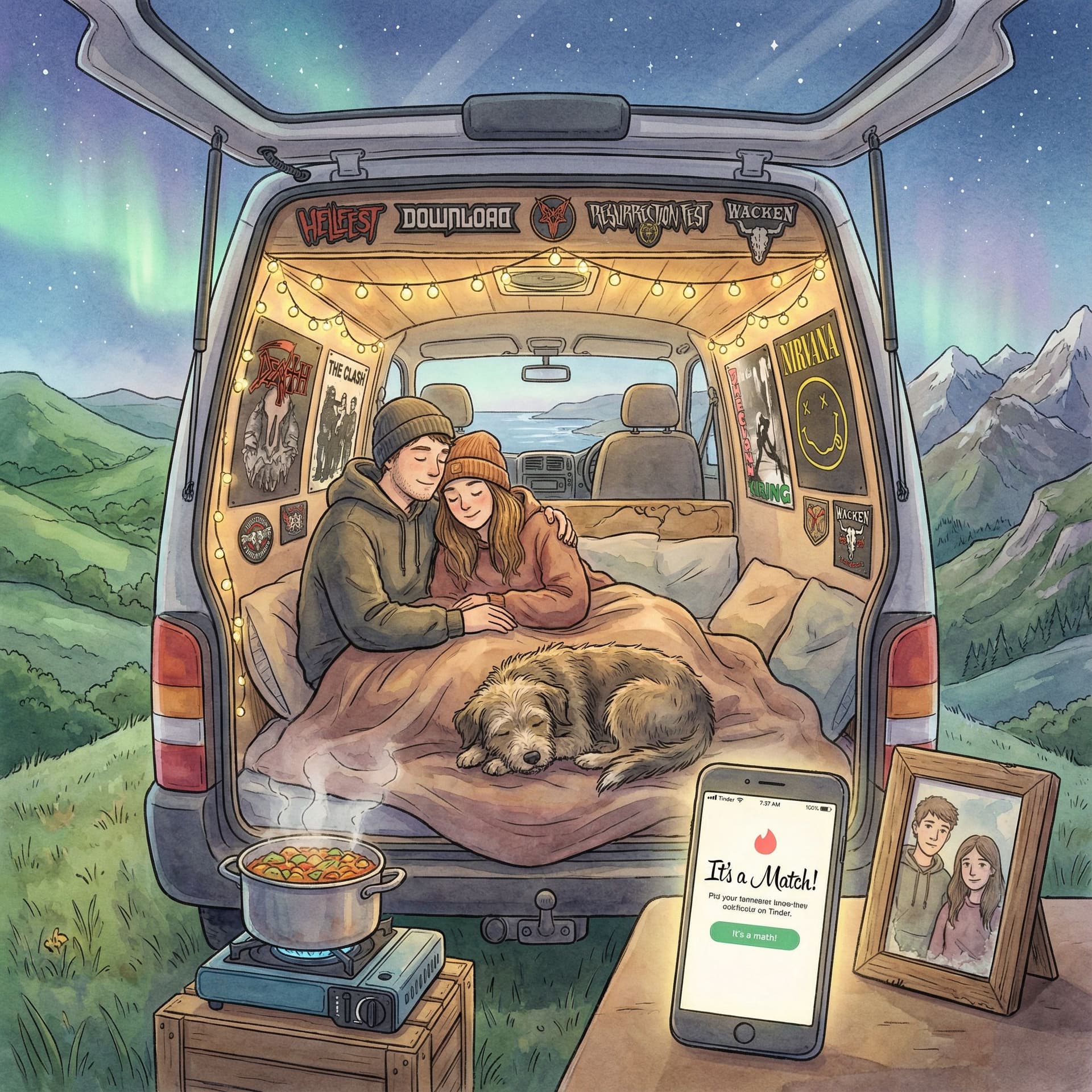 AI generated: A tender, dreamy illustration celebrating a couple’s 2-year anniversary. A vegetarian couple rests i...