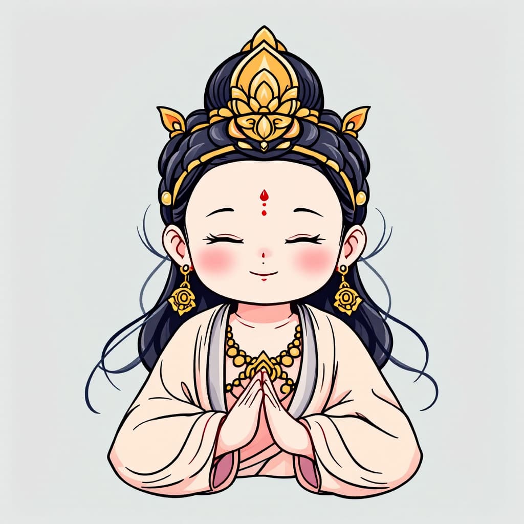AI generated: Draw a cute Q version of Guanyin Bodhisattva. Cute face. The corners of his mouth were slightly rais...