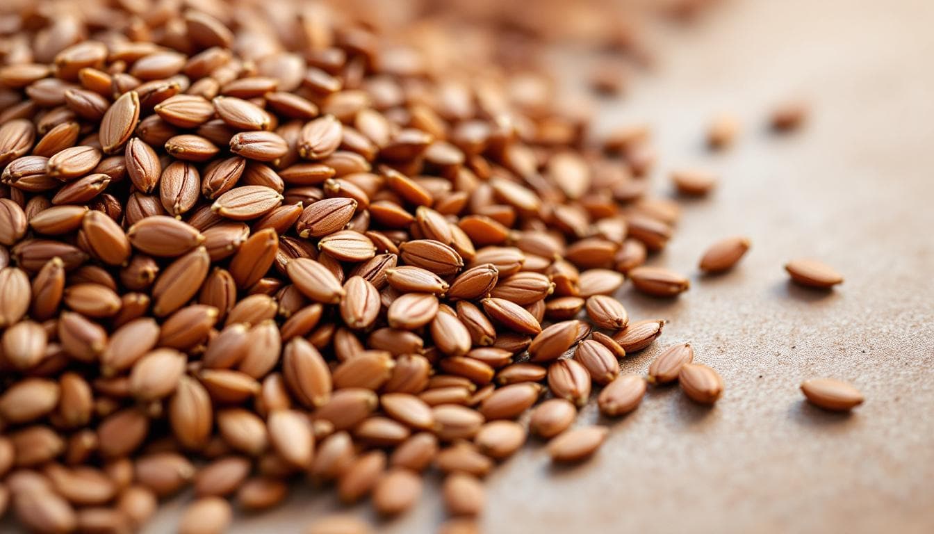 AI generated: Close-up of flax seeds — rich brown tones, glossy smooth surface, natural scatter pattern, crisp tex...