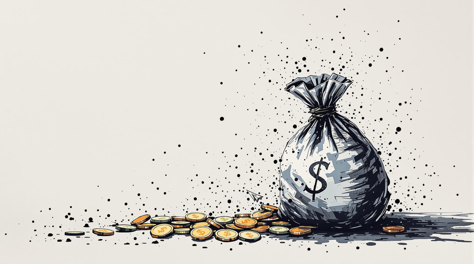 AI generated: Coins, A money bag overflowing., paper airplane, detailed,full-body shots,ink style,Ink splash art o...