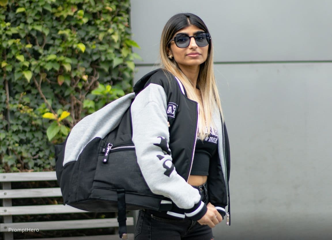 AI generated: Mia Khalifa black jacket big chest

