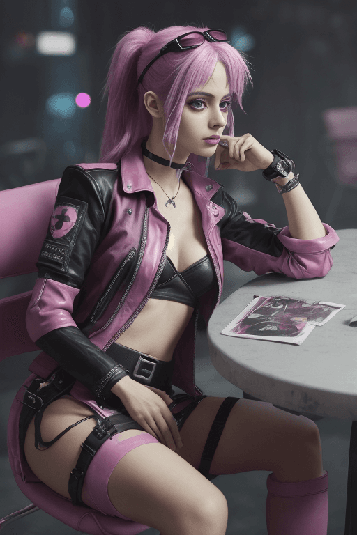 AI generated: cyberpunk papillon with pink streaks, sitting at a table in a chair, dressed in leather,