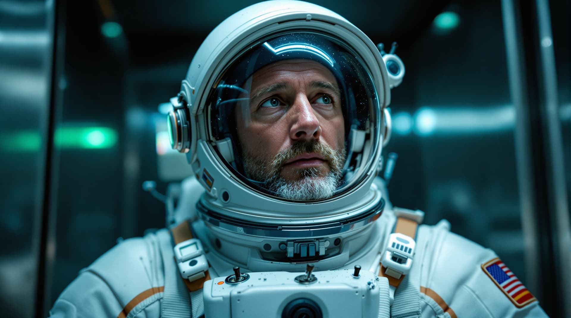 AI generated: The image shows a man in a detailed astronaut suit, with emphasis on the helmet and upper torso. The...