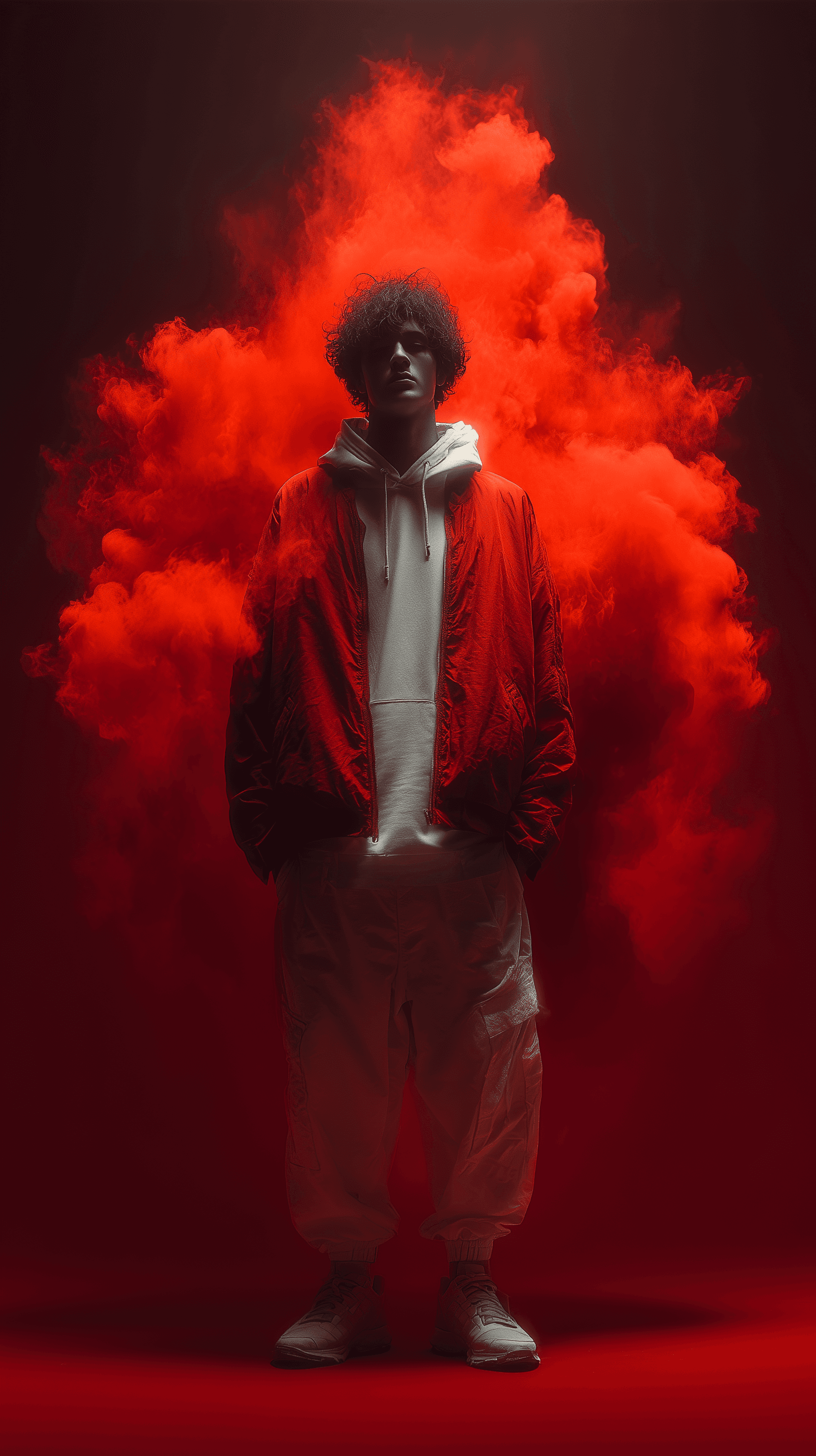 AI generated: fashion photography, front central full-length shot, male model, vibrant red color and black palette...