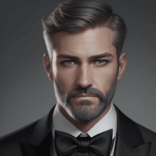 AI generated: Photo of a man in a formal suit, Caucasian appearance, partly with a gray beard, short haircut, brow...