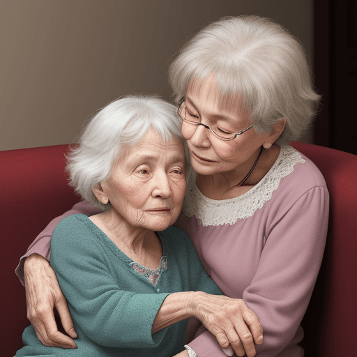 AI generated: An old woman in her 70s sat on a couch with her young daughter, whispering into her ear.