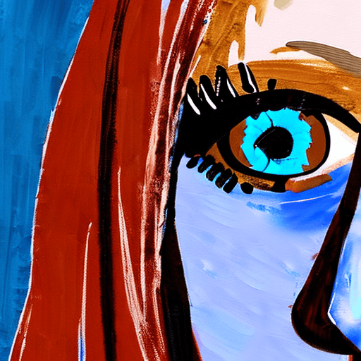 AI generated: portrait of a woman with piercing blue eyes and red hair, wearing a blue burka, expressive brushstro...