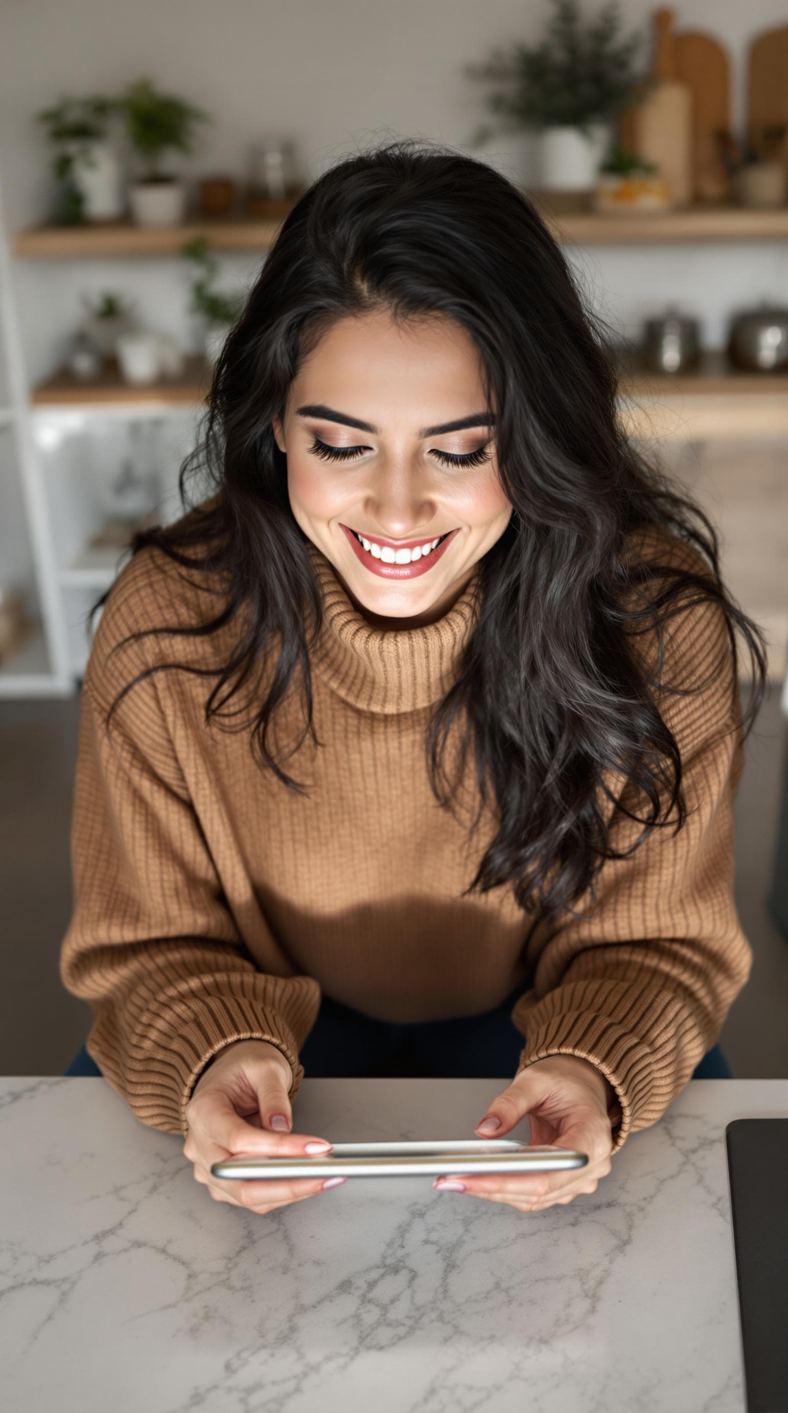 AI generated: A happy young persian woman with long dark hair wearing a brown sweater sitting at a kitchen counter...