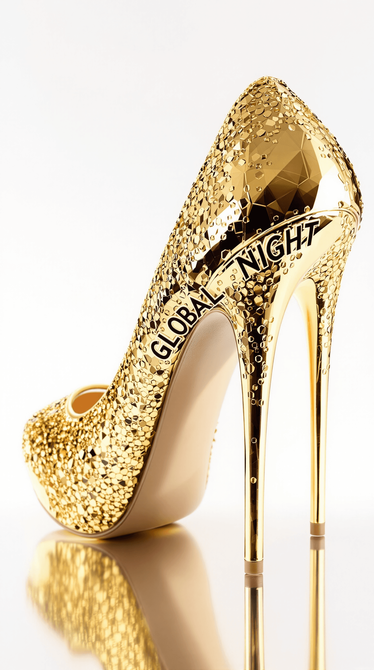 AI generated: sexy extrem high high heel in color gold, on the high heel is the font "GLOBAL NIGHT"