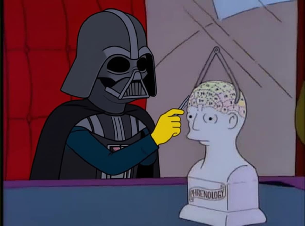 AI generated: i want the grey head statue as darth vader grey head with different zones for phrenology study.. let...