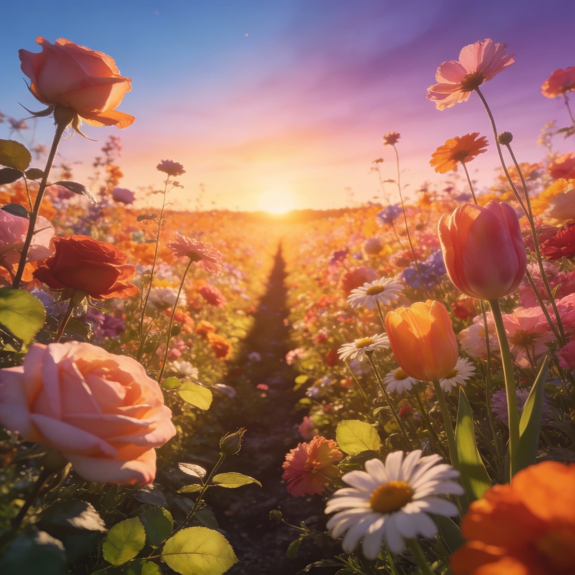 AI generated: Univers remplie de belles fleurs éclairé par le soleil couchant du crépuscule 