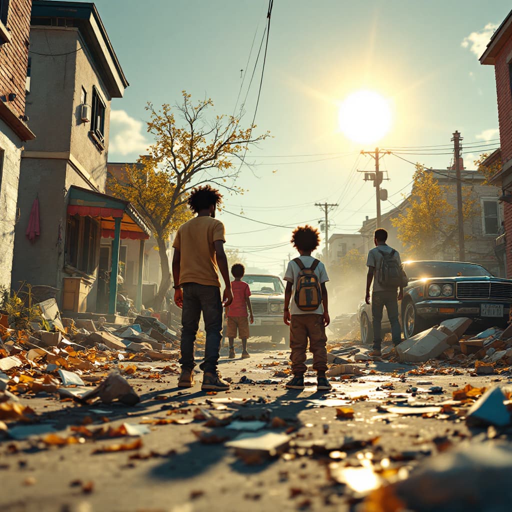AI generated: ixar styled 3d 4k cinematic image of black kids in a ghetto neighborhood on property and cars being ...