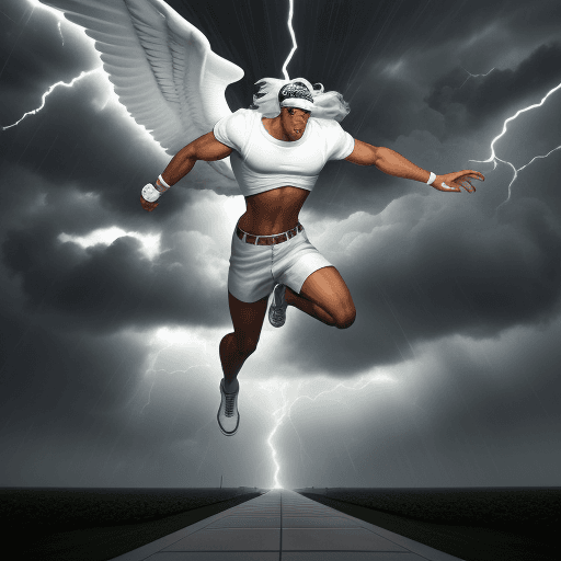 AI generated: Hermes running in the sky with white Air Jordan shoes on and heavy stormy and lighting in the
 backg...