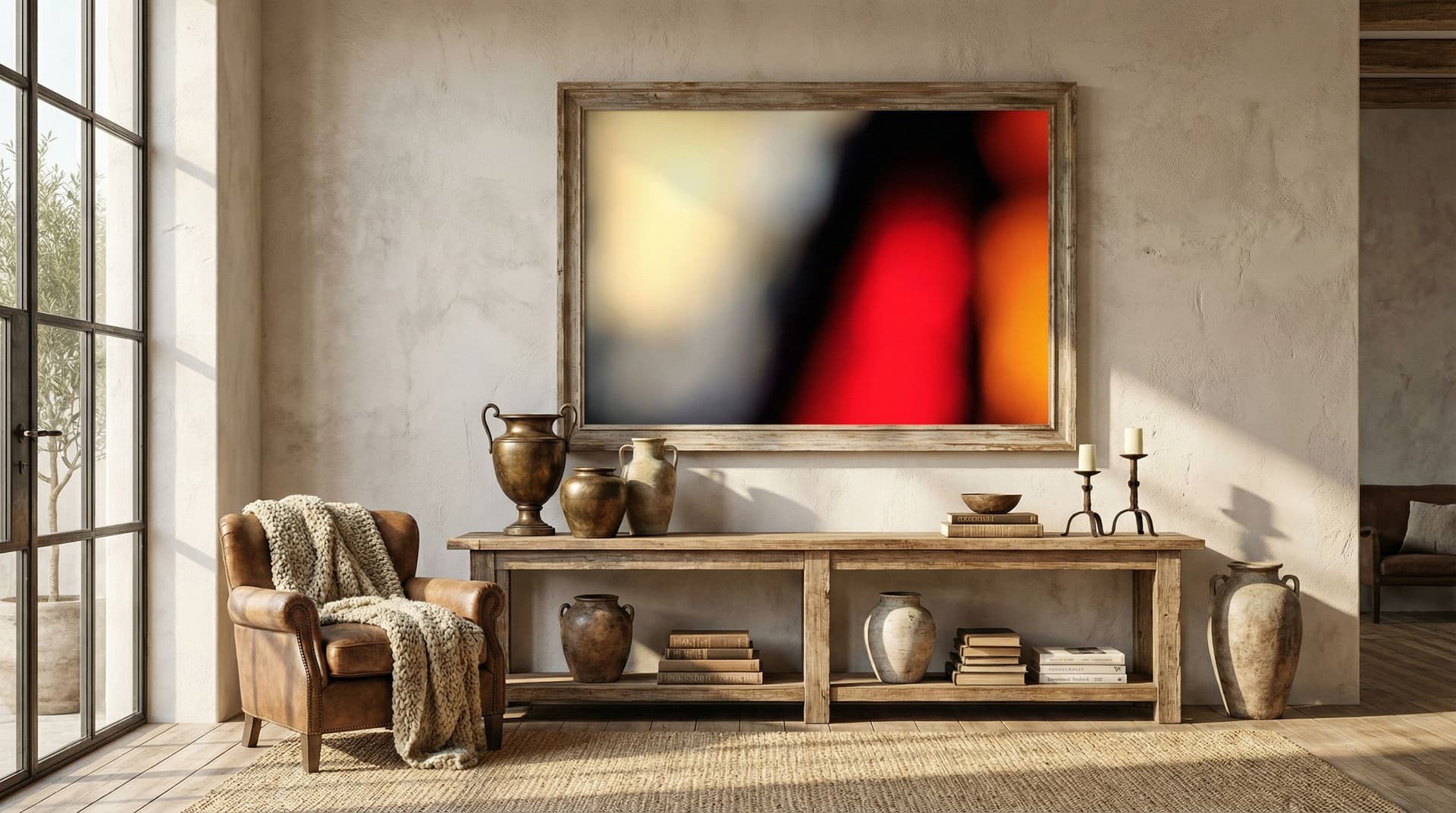 AI generated: 

Put this work of art as a 3x4 foot fine art photographic print in a high end restoration hardware ...