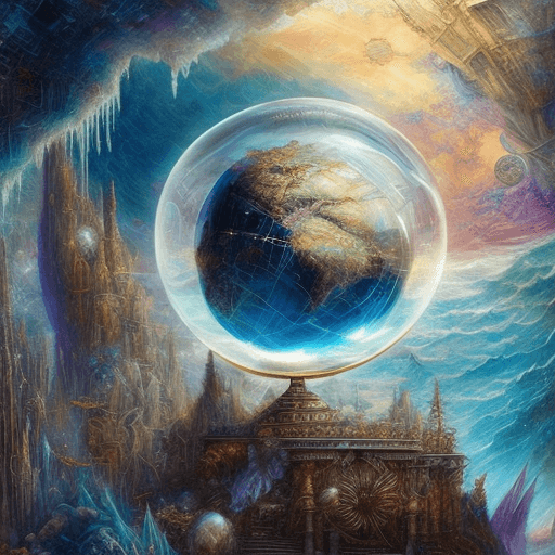 AI generated: Giant Crystal Earth Globe floating above Atlantis, by Josephine Wall, Russ Mills, Pino Daeni, Anna D...