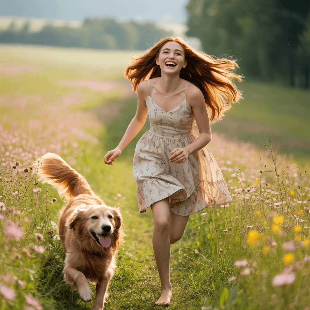 AI generated: a field of flowers and a beautiful girl is running in it while her dog trails behind her