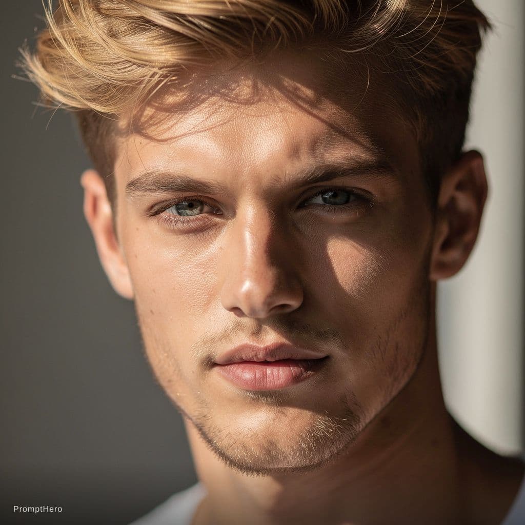 AI generated: close up face photo, 20-year-old handsome male with blond hair
