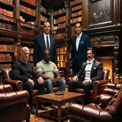 AI generated video: Preserve the grand library chamber in warm stillness. No camera movement. 

At opening: 

All seated...