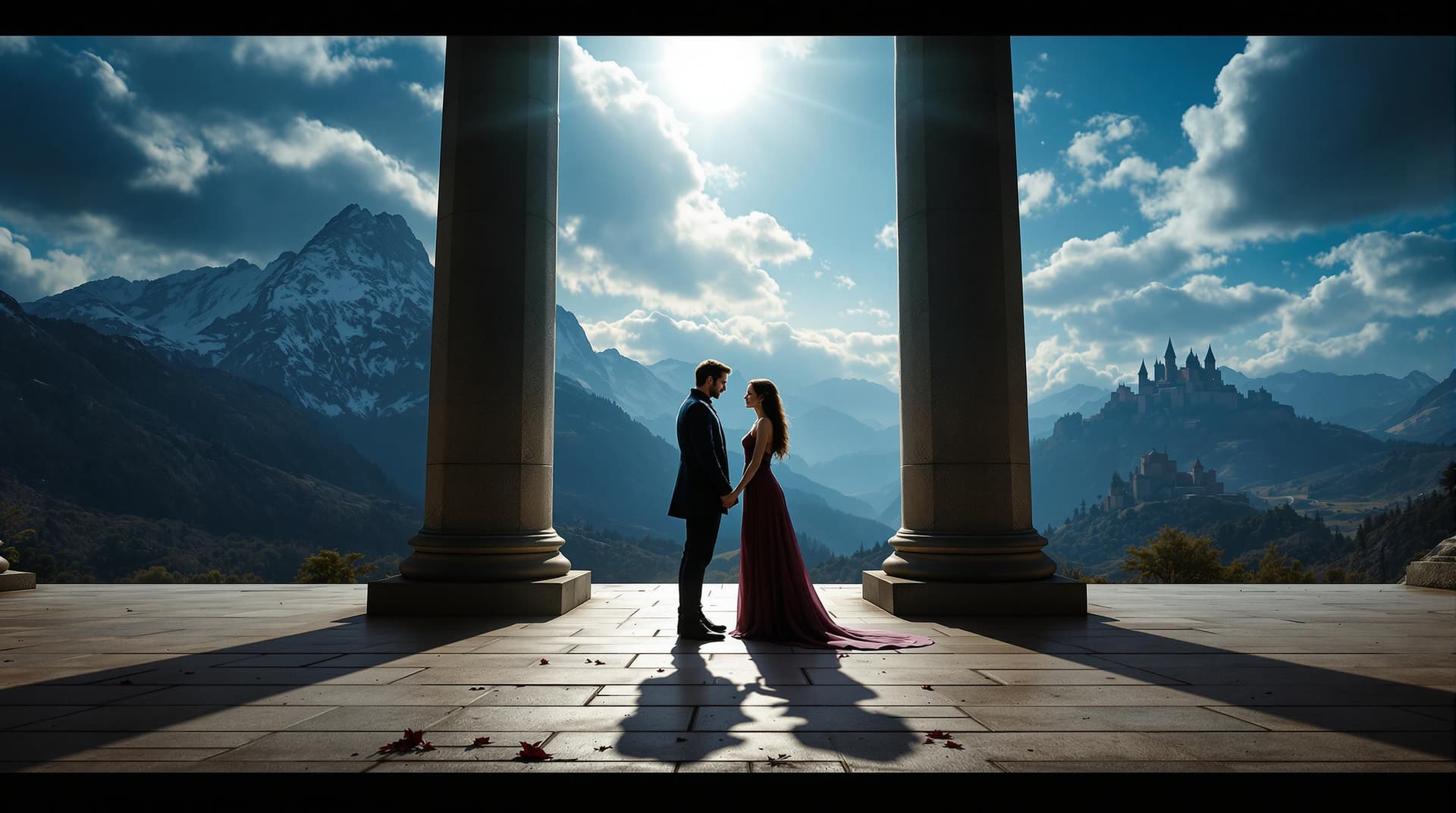 AI generated: A medieval fantasy scene with a man and a woman standing in the center of the image, facing each oth...