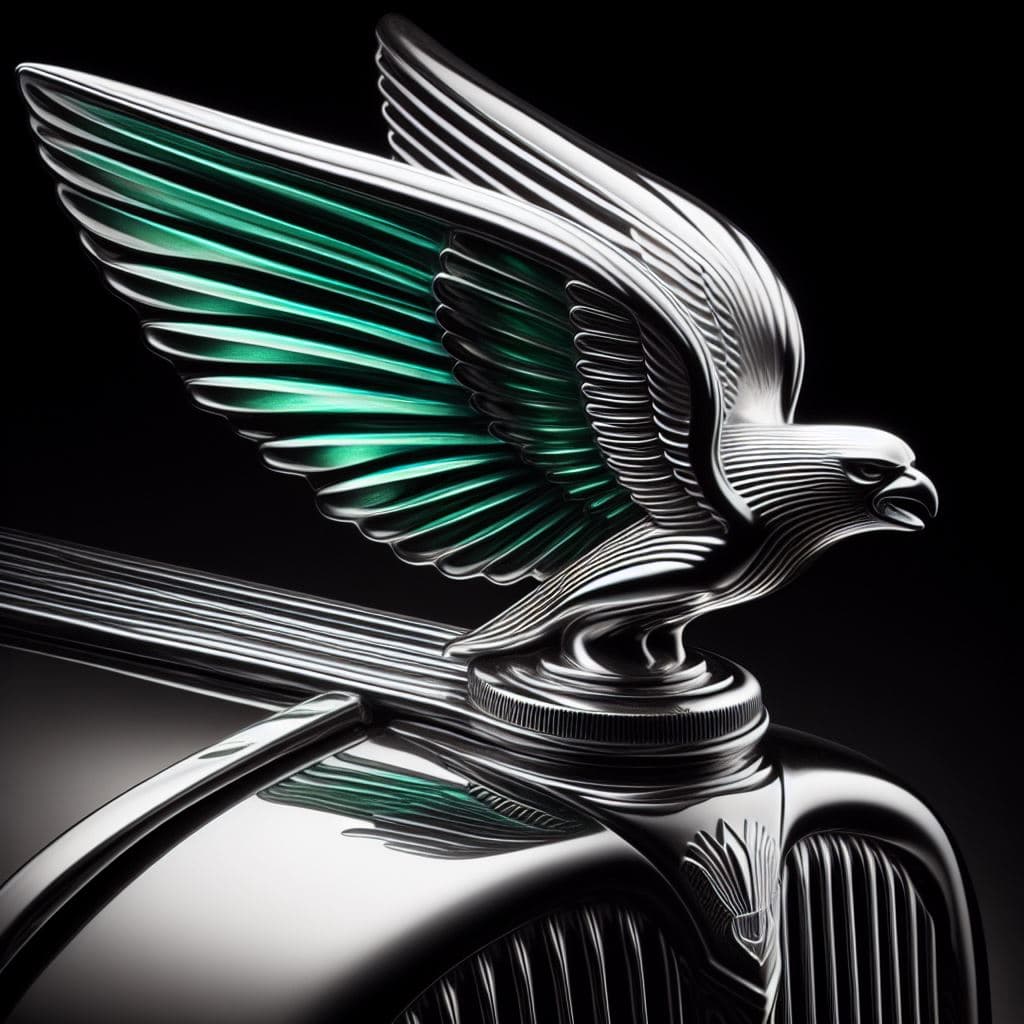AI generated: 1930s hood ornament, made of chrome and fluorescent uranium glass, style of Streamline Moderne, prof...