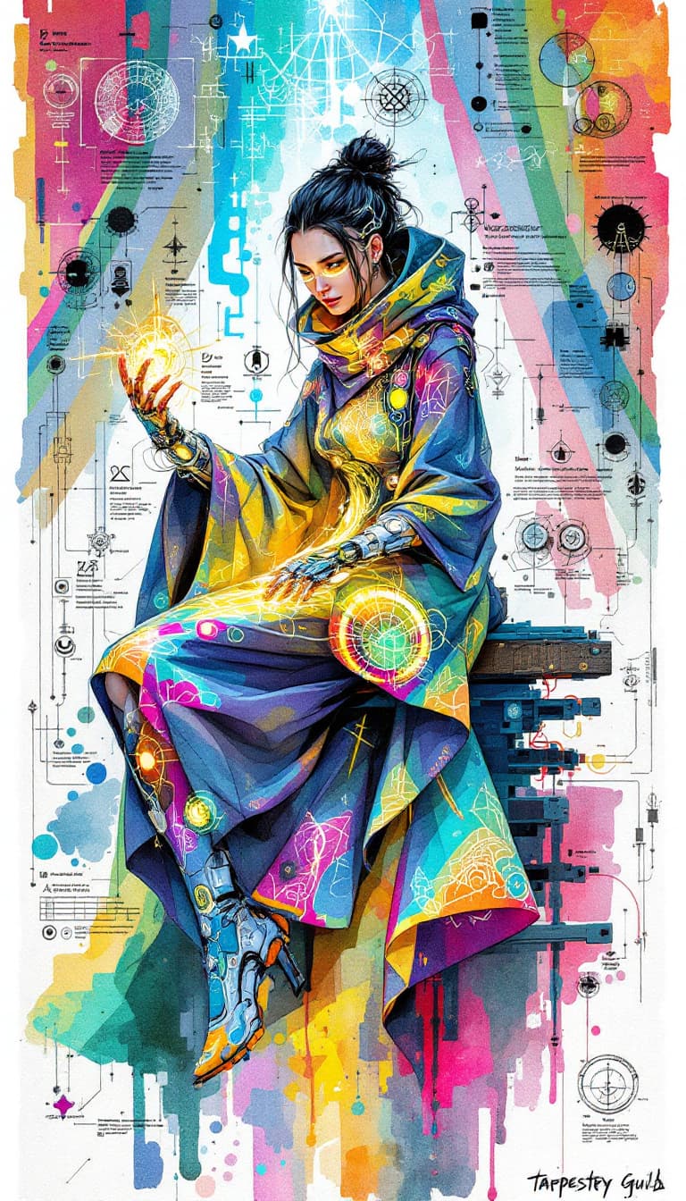 AI generated: Conceptual design: Cybernetic Weaver from the Tapestry Guild. This detailed graffiti-punk digital wa...