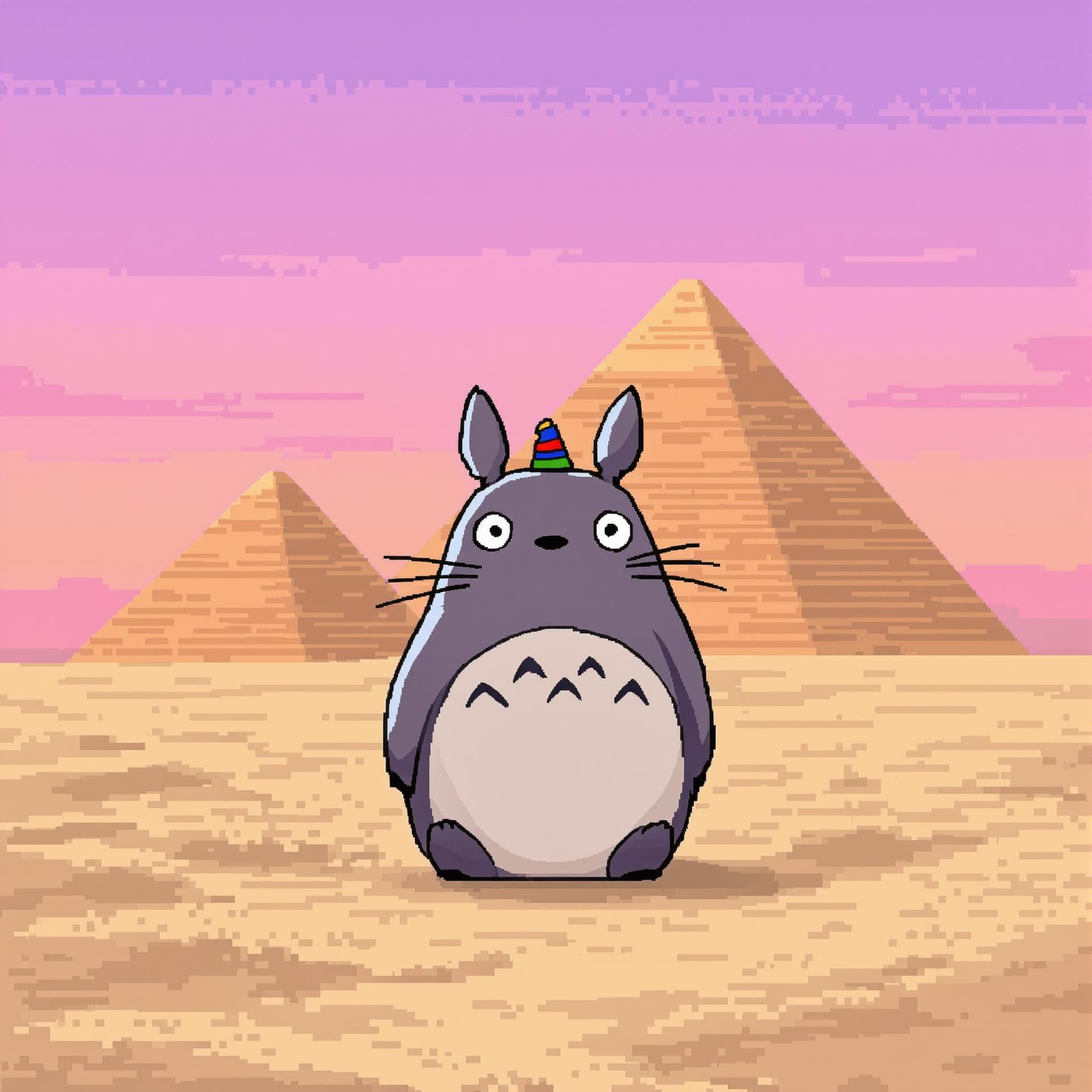 AI generated: Totoro at Giza --personalize nwnd4j3 --stylize 600
