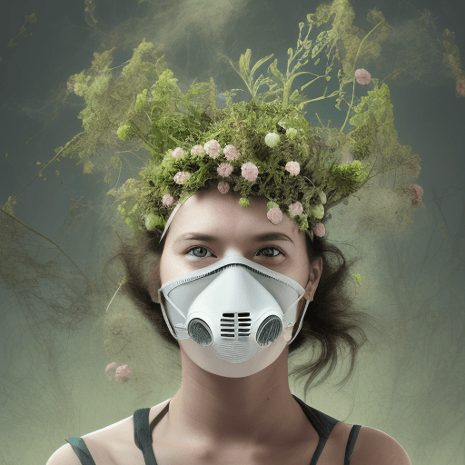 AI generated: Woman with flower crown on her head and gas mask on her face, plant growing out of her mouth, plant ...