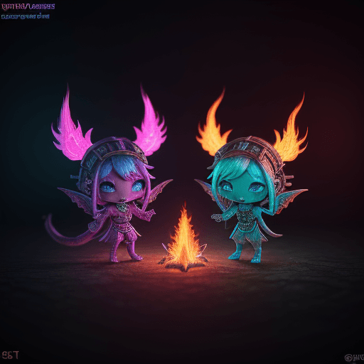 AI generated:  chibi flame creatures at an event party in oldschool runescape. cosmic space fire pink and blue wit...