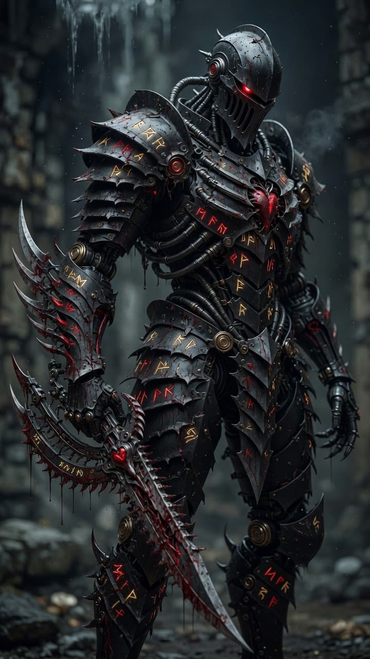 AI generated: Full body shot of a terrifying biomechanical knight, sharp multi-layered slashing blade armor, obsid...