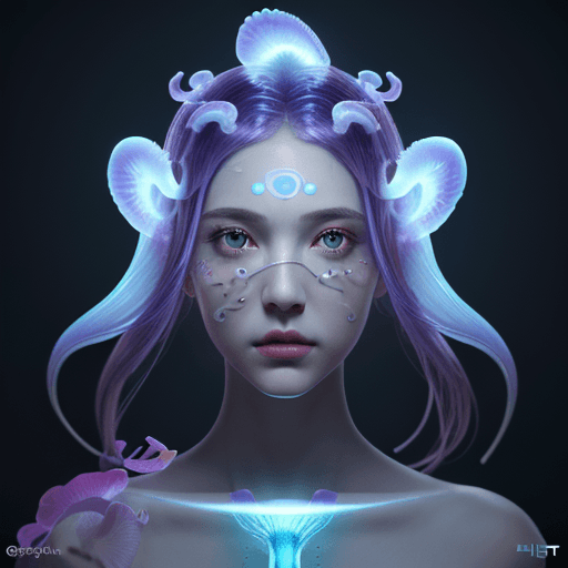AI generated: Goddess close-up portrait ribcagel. jellyfish phoenix head, nautilus, orchid, skull, betta fish, bio...