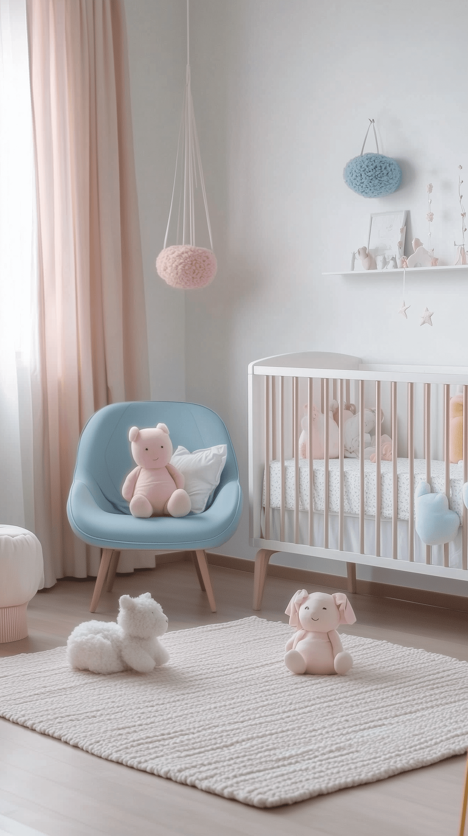 AI generated: scandinavian nursery with pastel decorations, minimalist furniture, using a color palette of baby bl...