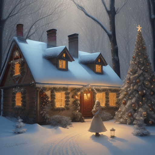 AI generated: Art by Kajenna, full body, christmas evening in winter forest, falling snow christmas tree and engli...