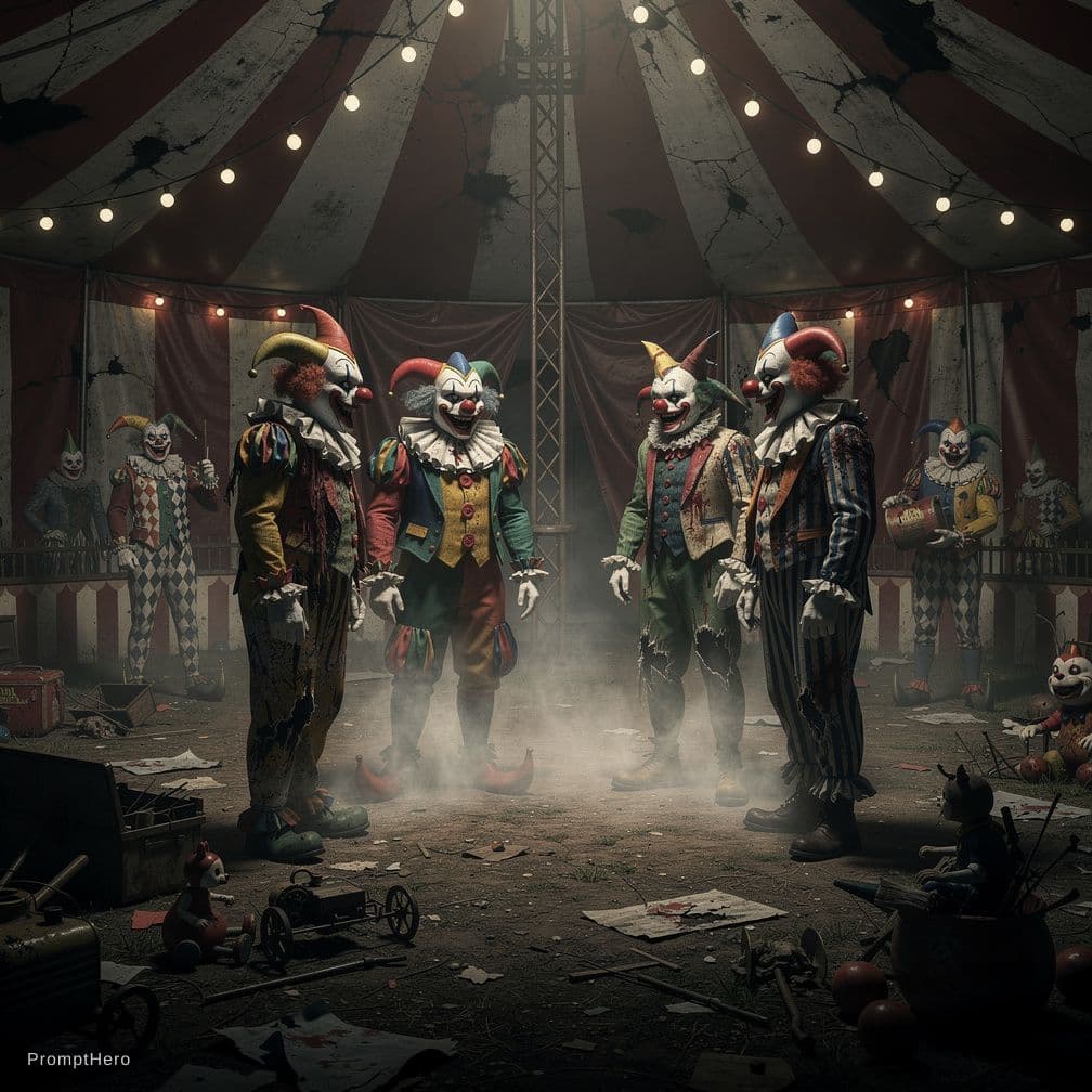 AI generated: Dialogue between a scary clowns,background old circus,with creepy toys,mystical atmosphere,scary jes...