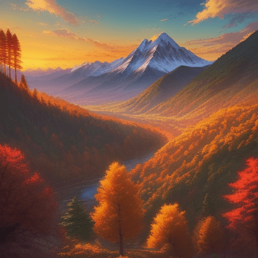 AI generated: Anime style, beautiful landscapes scenery, golden hour, mountain, trees and valley view
